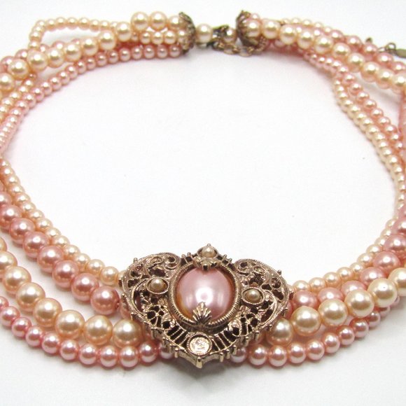 Vintage 1928 Faux Pearl Choker Necklace Heart Romantic Peach Tones - Picture 2 of 6